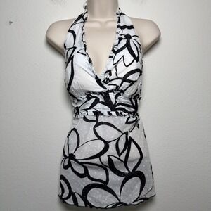 VTG y2k BCX Women Halter Neck Babydoll Top Large White Cotton Black Floral Party